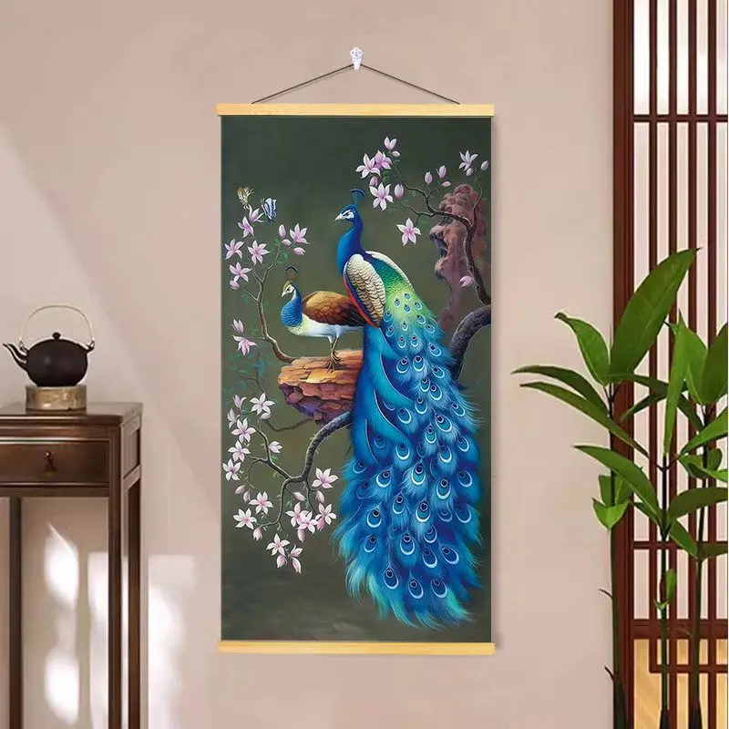VIKAMA Peacock Chinese Painting Wall Scroll, Ink Bird and Flower Print, Retro Asian Hanging Scroll for Living Room Decor