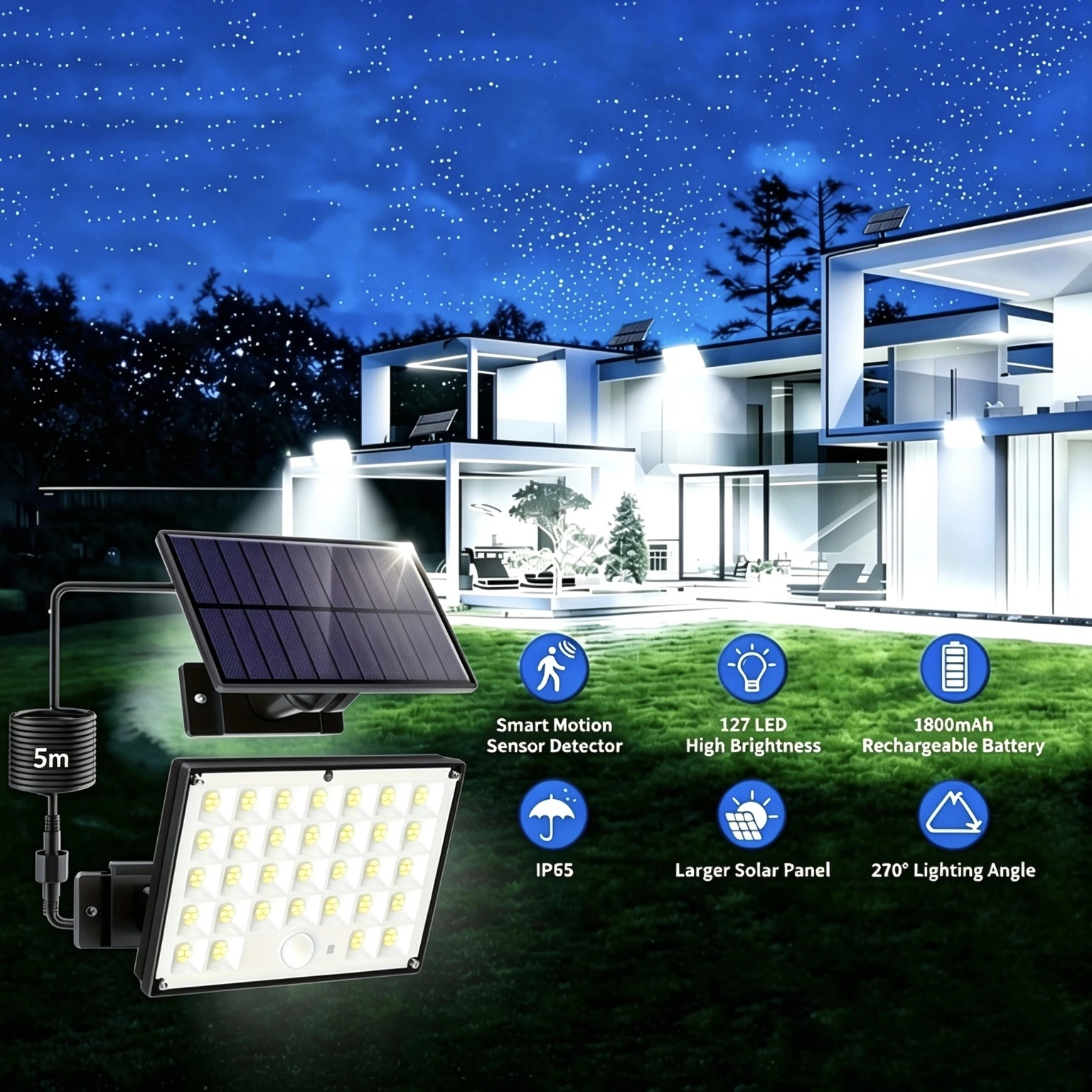 127 LED Split Solar Flood Light PIR Motion Sensor 3 Modes IP65 Waterproof 5M Cable Cool White for Garden Garage Yard Patio