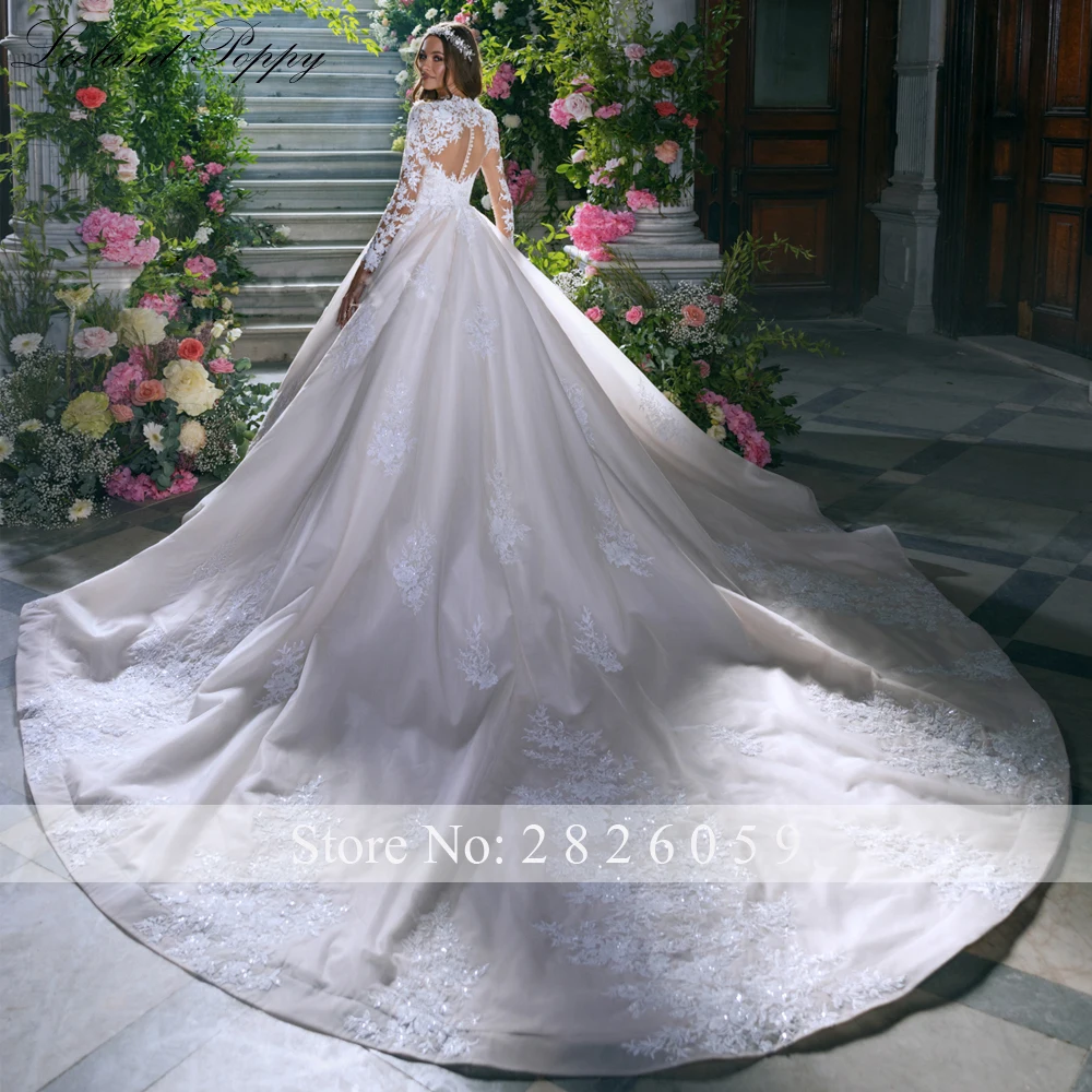 Lceland Poppy Customized High Neck Ball Gown Wedding Dresses Floor Length Lace Appliques Full Sleeves Bridal Gowns