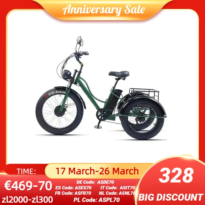 48V 750W Electric Bike For Man Powerful 24 Inch Fat Tire Bike All Terrain Electric Tricycles 3 Wheels for Adults Elderly