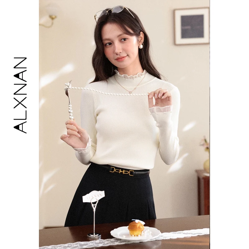 

ALXNAN Women's Sweater Apricot Turtleneck Lace Patchwork Pearl Minimalist Basic Pullovers Long Sleeve Knit Tops Female L59309