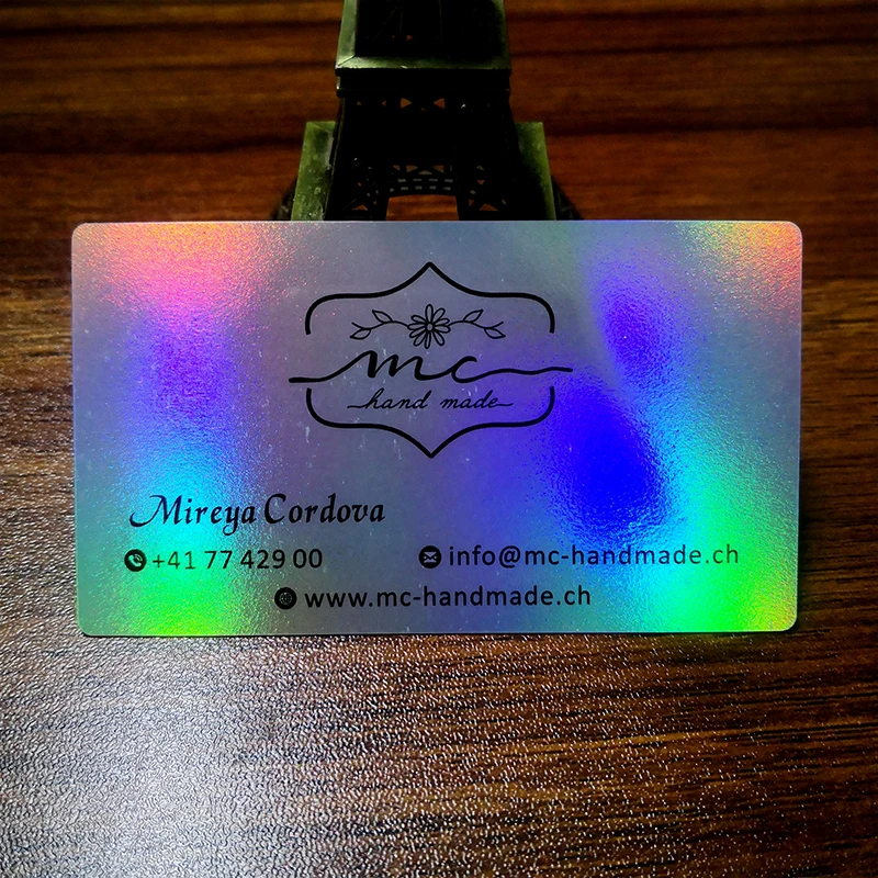 Tarjeta de agradecimiento de plástico fino con su nombre para negocios, impresión personalizada de PVC holográfico plateado, diseño profesional de