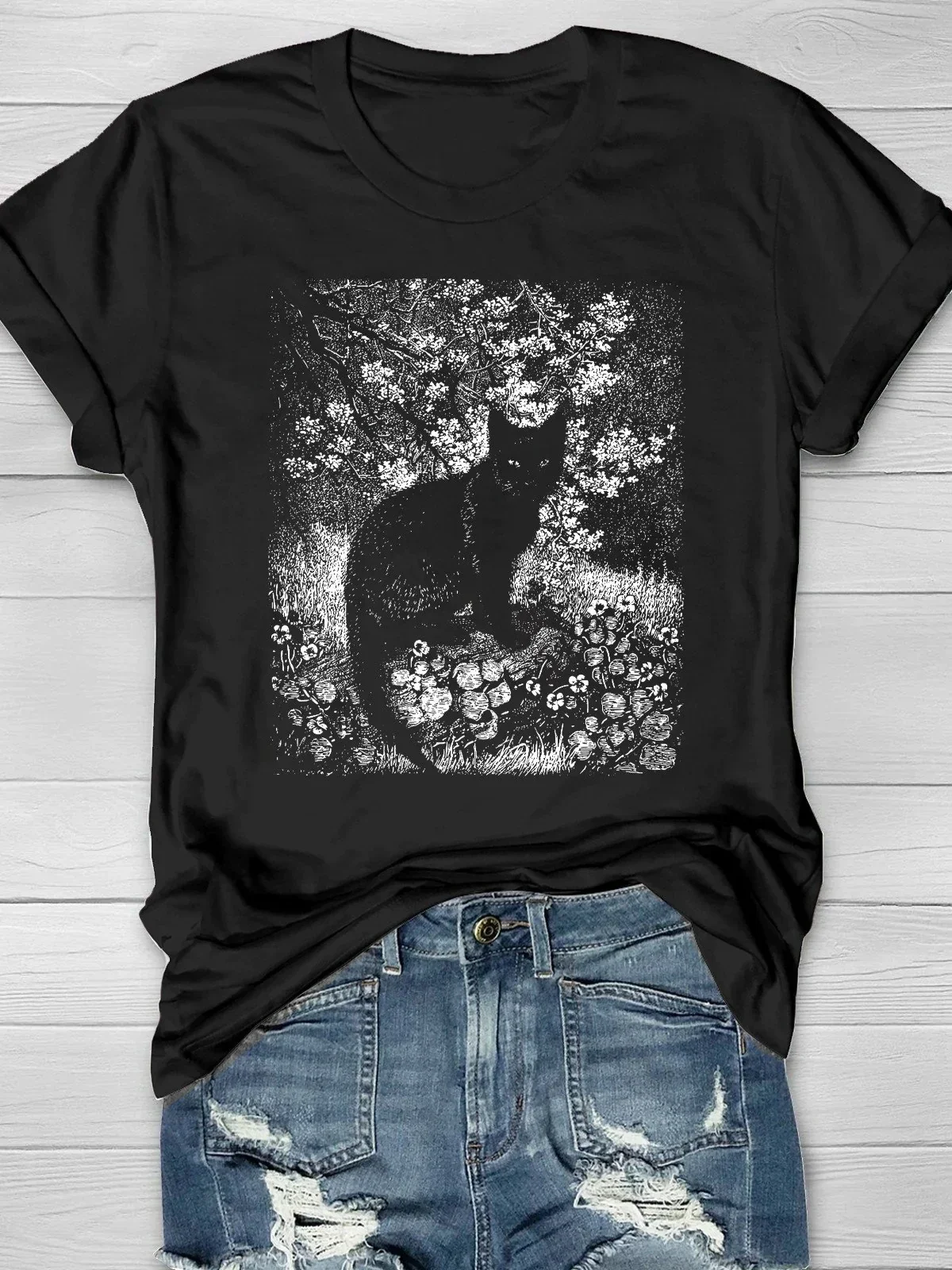 Women's The Witch Vintage Lionel Lindsay Engraving Black Cat Print T-Shirt 3D Tshirt for Women Summer T Shirts