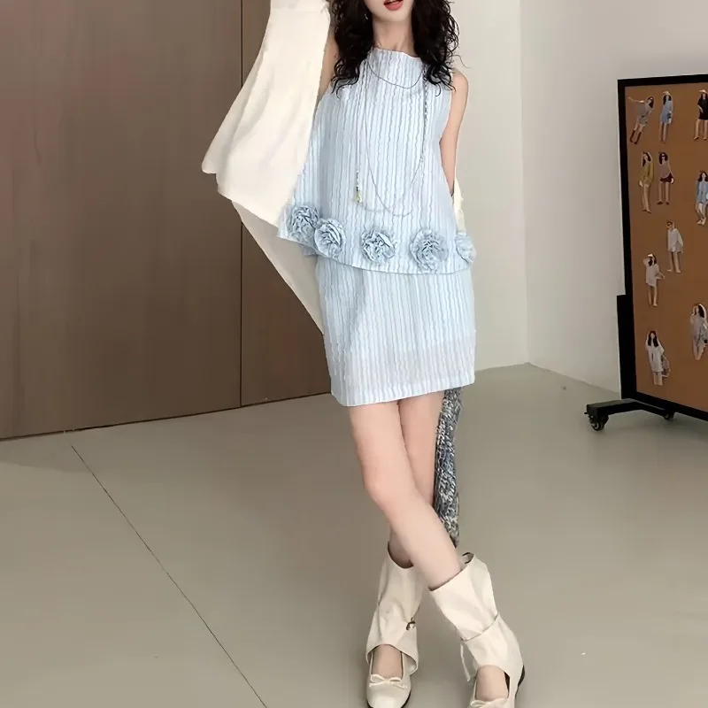 Nuevo conjunto de dos piezas de moda de verano para mujer, chaleco informal sin mangas con flores 3D, Top + minifalda de cintura alta, traje de fiesta elegante