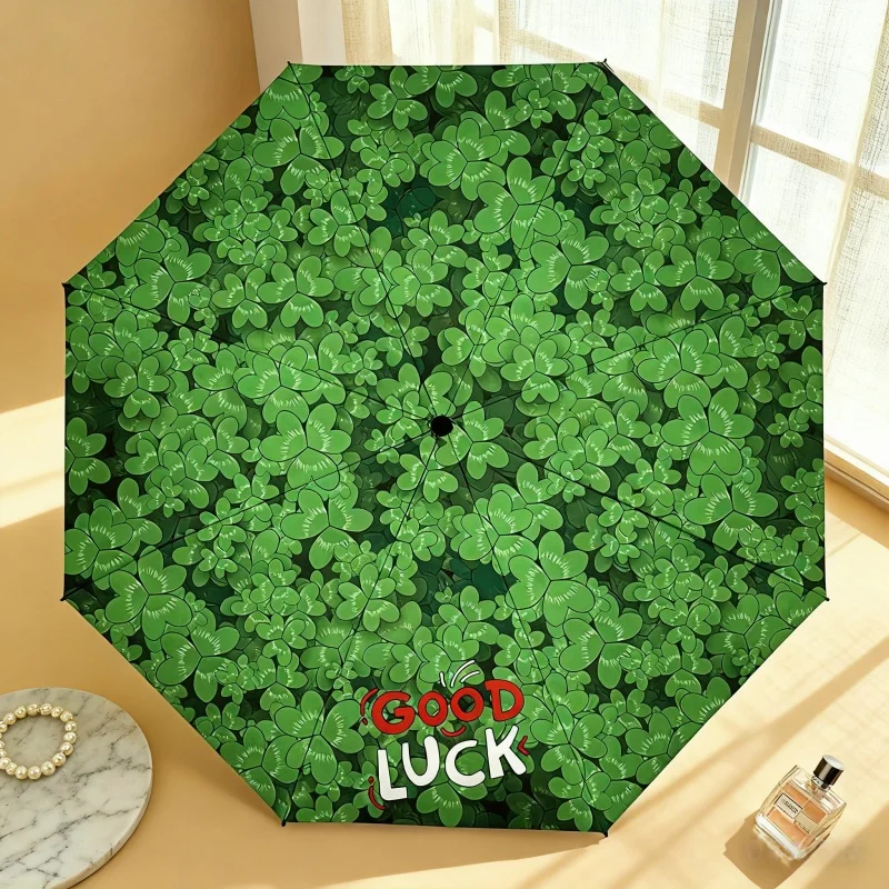 Compact Good Luck Clover Folding Umbrella Green Windproof Rainproof for St Patrick's Day Christmas Outdoor Business Travel Gift