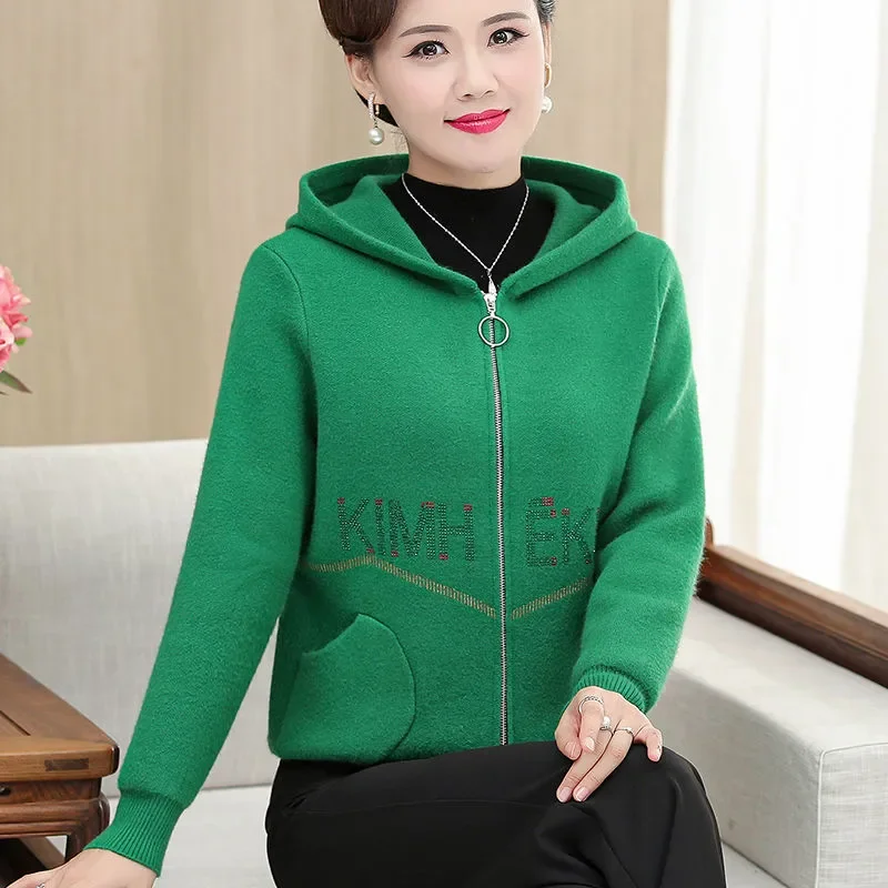 Hooded Zip Up Knit Cardigan Rhinestone Letter Print Long Sleeve Casual Short Jacket For Middle Aged Elderly Women