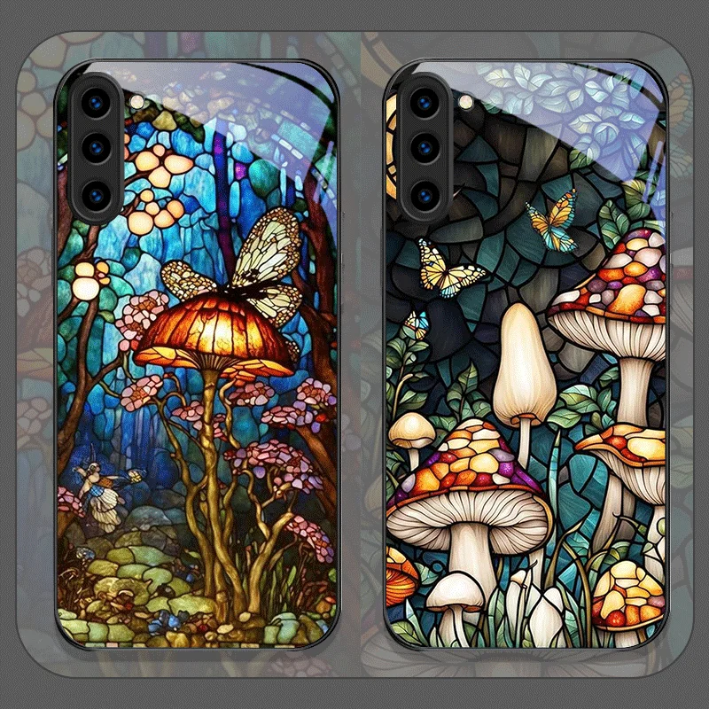 Buntes Glas-Stil Waldpilz-Muster Gehärtetes Glas Handyhülle für Samsung Galaxy S26 S25 Ultra S24 S23 Plus S22 S21 FE