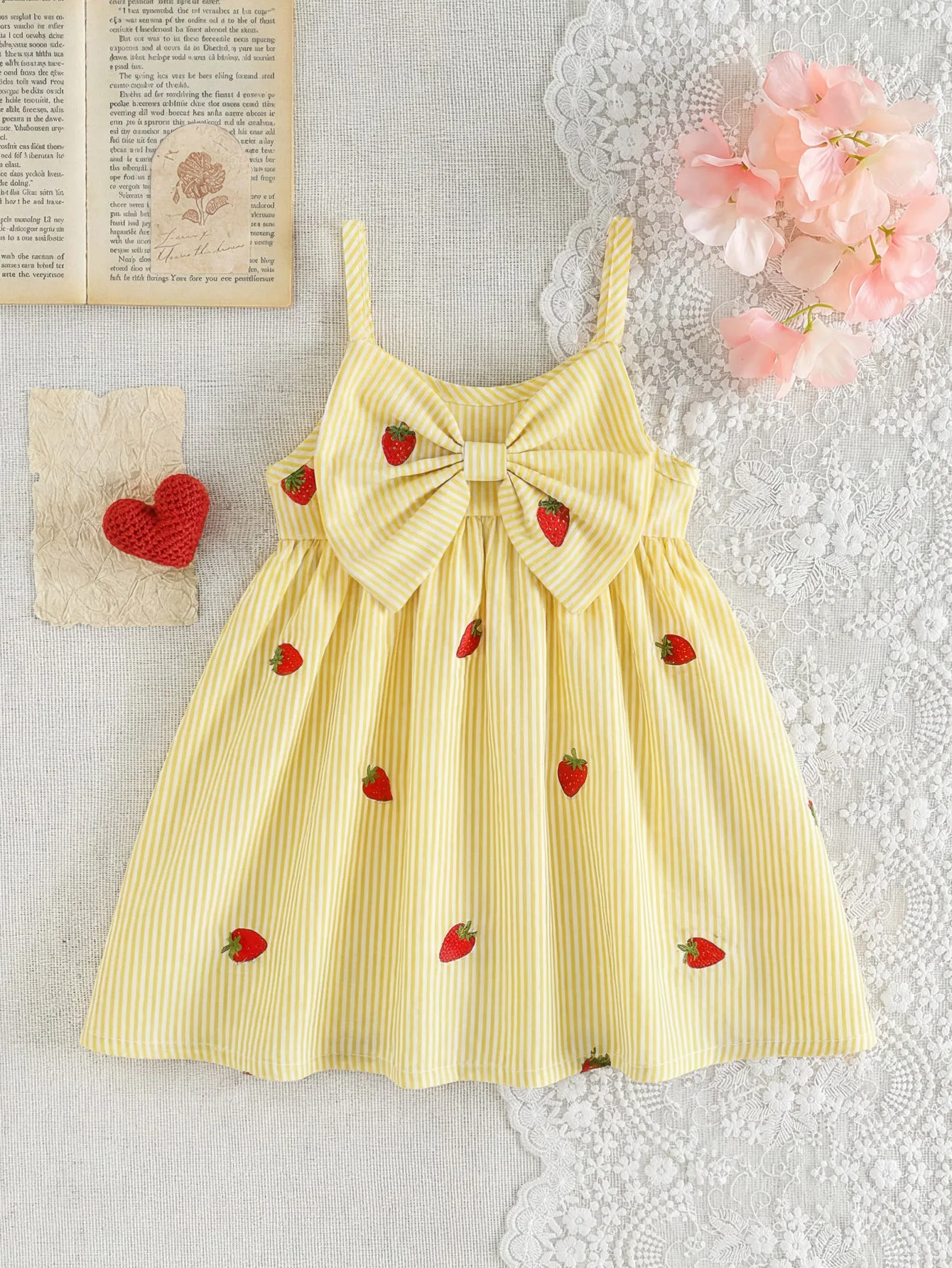 0-3T Toddler Baby Girl Yellow Strawberry Print Sundress, Sleeveless Big Front Bow Summer Casual Dress
