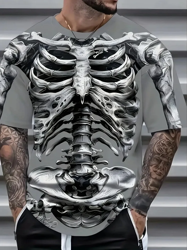 Men 3D Skeleton Ribcage Print T-Shirt Skull Bone Optical Illusion Short Sleeve Tee