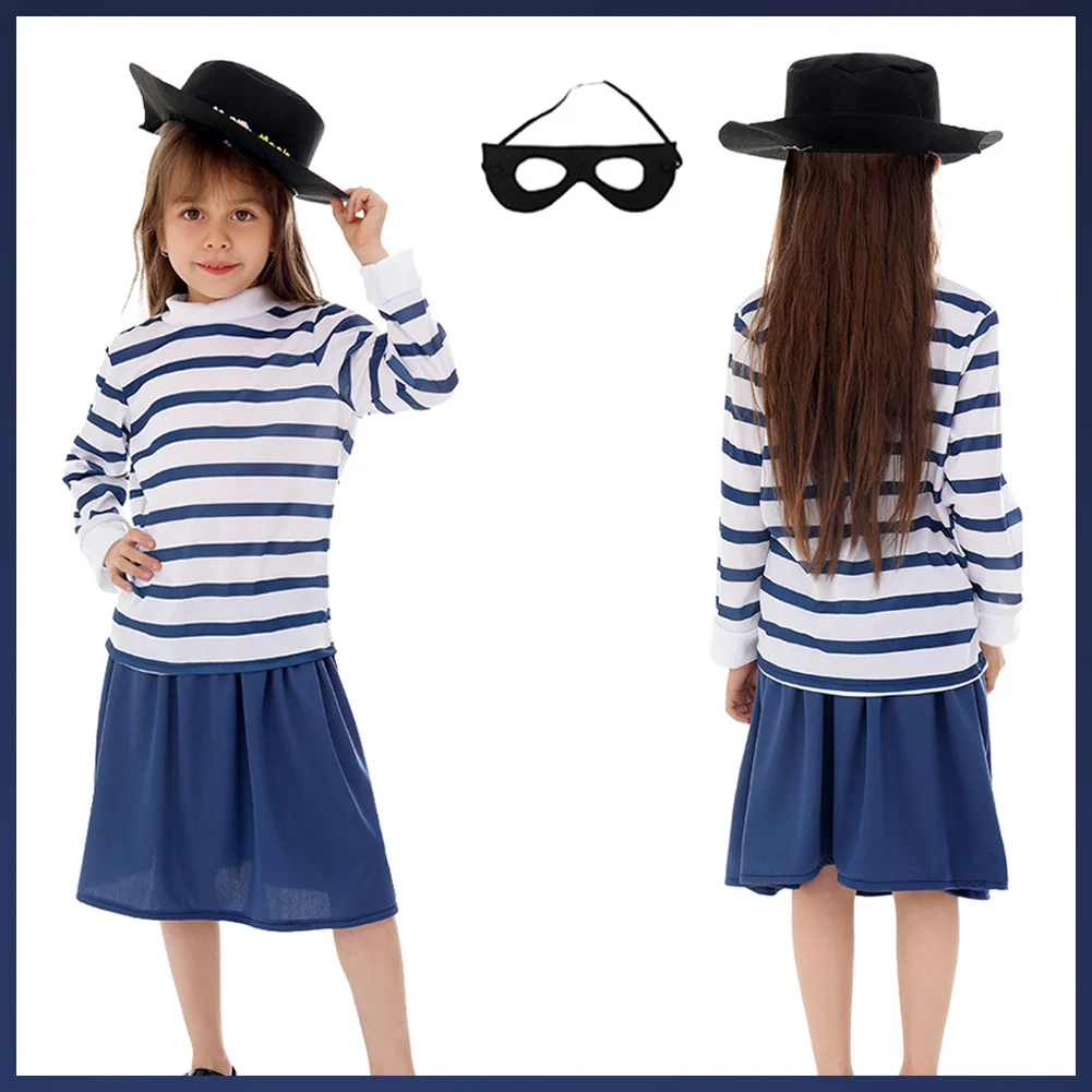 Cartoon Burglar Bill Wife Stripe Shirt Skirt Hat Glasses Cospaly Costume Outfit Kis Girls Child World Book Day Clothes Halloween