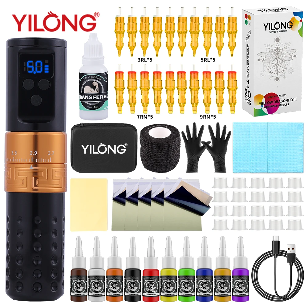

YILONG New Tattoo Ink Kit Wireless Tattoo Machine Permanent Makeup Adjustable Stroke 2.7-4.5mm For Professional Tattoo Artist