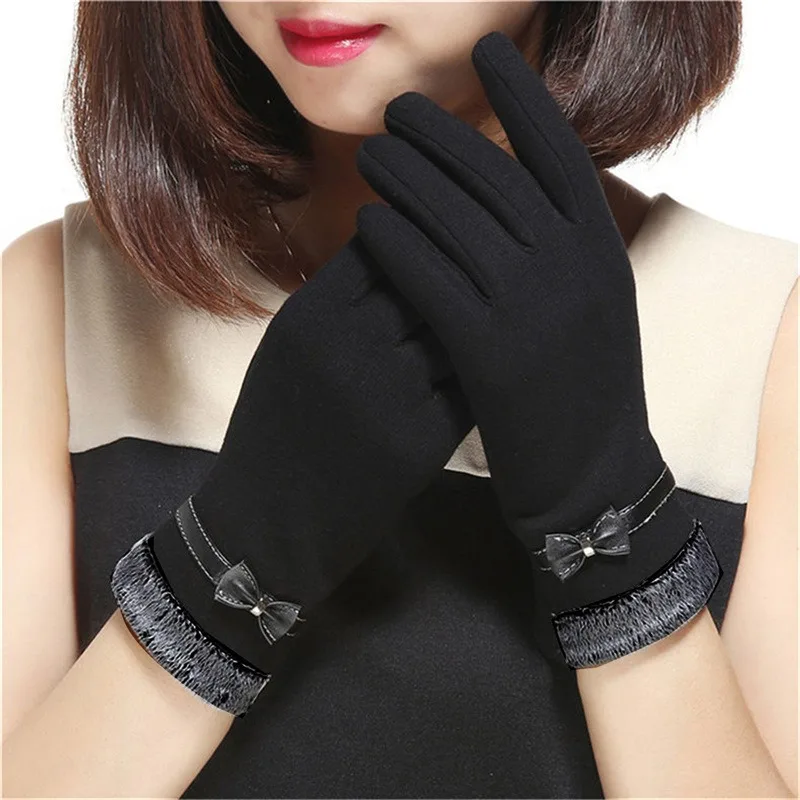 New Fashion Grace Lady Gloves Women Winter Vintage Bow-Knot Touch Screen Driving Warm Windproof Glove Mittens Wholesale