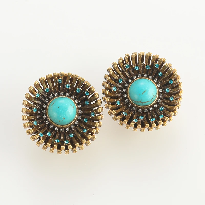 

Vintage Turquoise Stud Earrings Antique Gold Color Flower Blue Natural Stone Rhinestones Round jewelry Accessories 2026 Designer