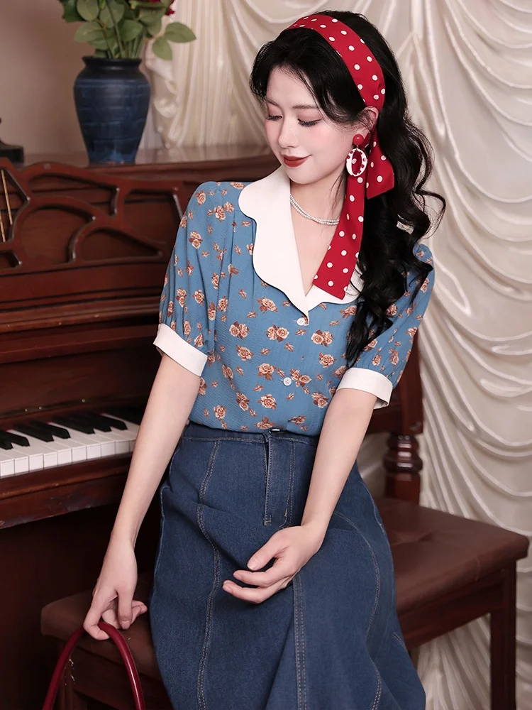 

Retro Hong Kong Style Floral Petal Collar Stand Summer Brightness Women's Shirt Color Block Floral Print Loose Fit Short Sleeve