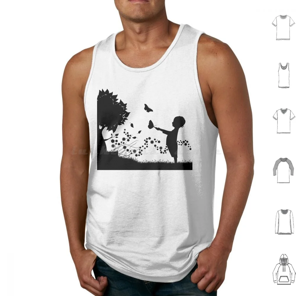 Cute Design Child Playing Outside Tank Tops Print Cotton Child Children Kid Toddler Wall Hanging Black White Tree