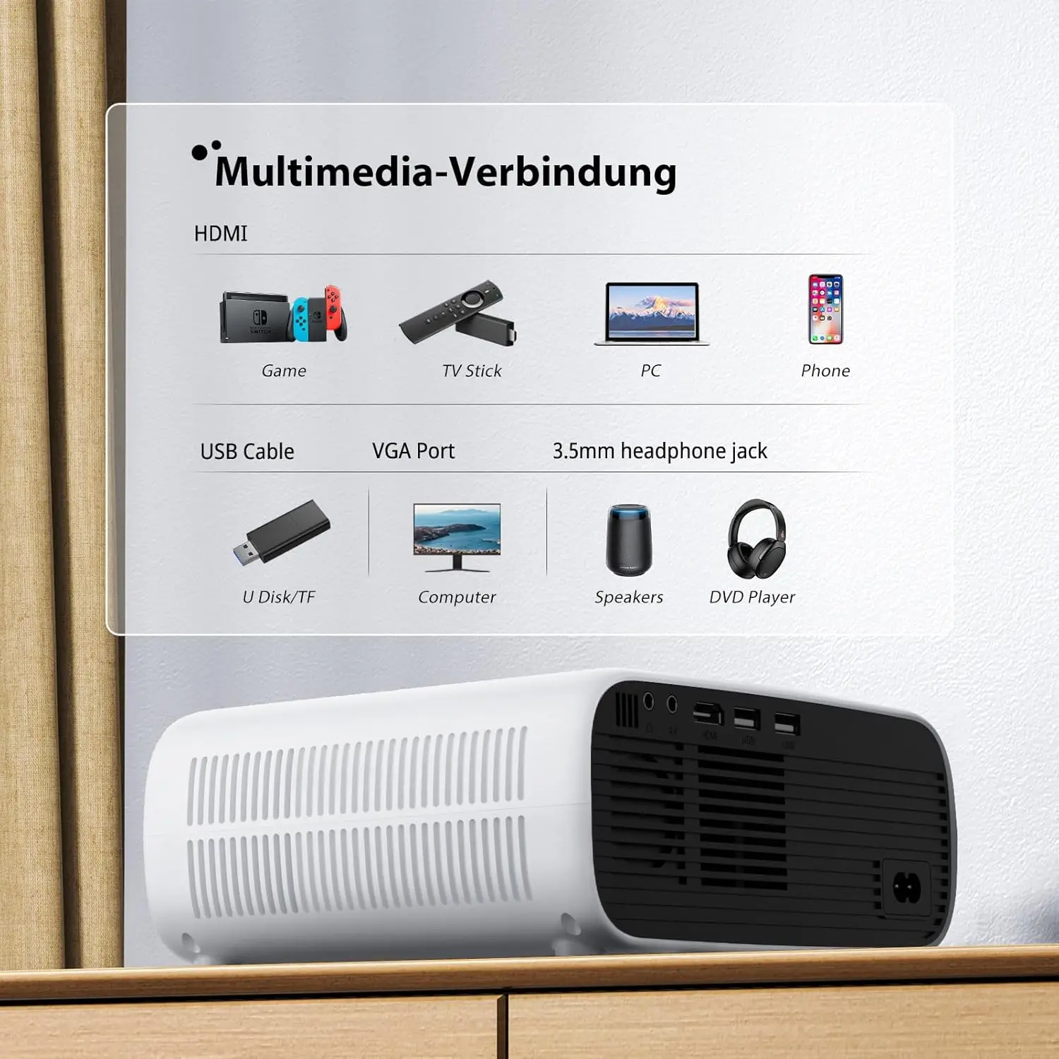 Wielio, 1080P Heimkino Beamer, Bluetooth und WiFi aktiviert, Eingebauter Sound, Kompatibel mit iOS/Android/PC/HDMI/USB/X-Box