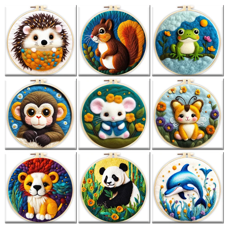 GATYZTORY FAI DA TE Lana Ago Feltro Ricamo Pandas Scimmie Api Feltro Materiale Borsa Decorazioni Per La Casa Artigianato Pittura Animale Kit Telaio