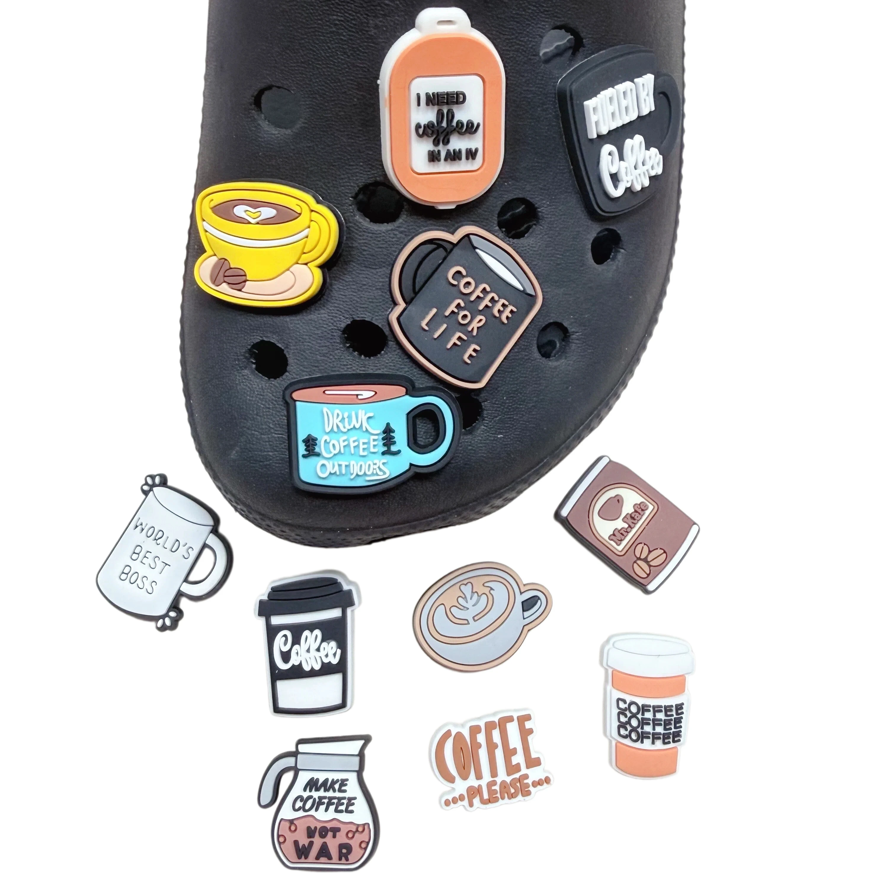 12-50Pcs Drink Coffee Outdoors PVC Shoe Decorations I Need Coffee Adult Slippers Charms Fit Birthday Gifts