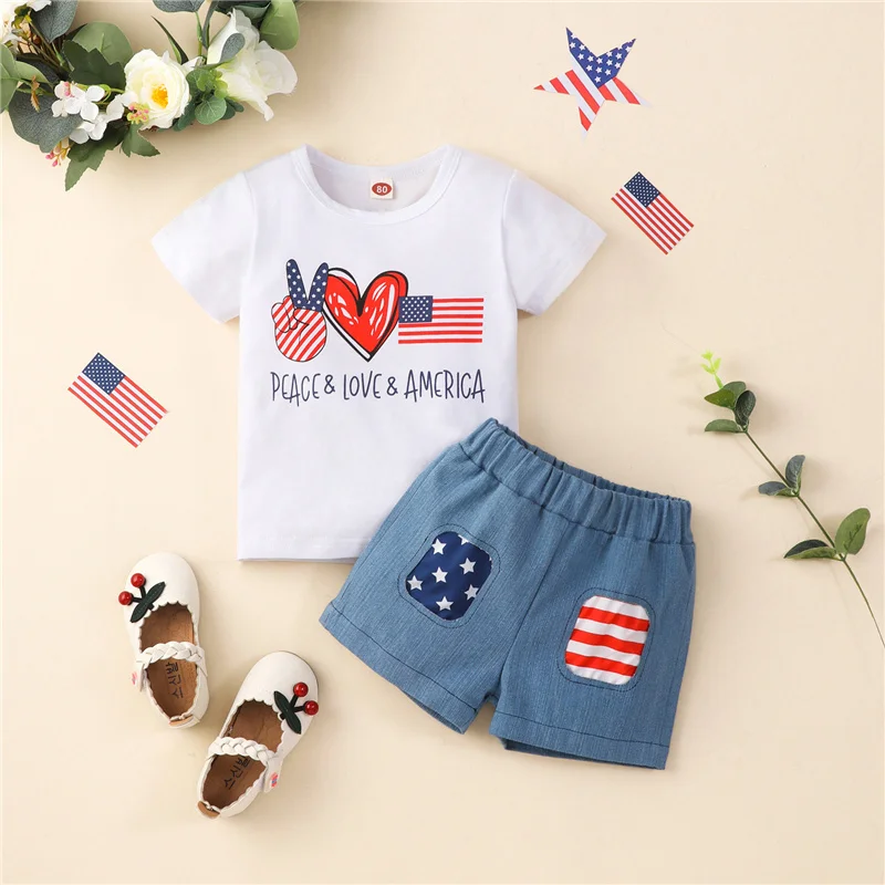 Kids Independence Day Two-Piece Suit, Toddler Letter Flag Print Short Sleeve T-shirt Tops + Patchwork Pattern Shorts, 1-5Years