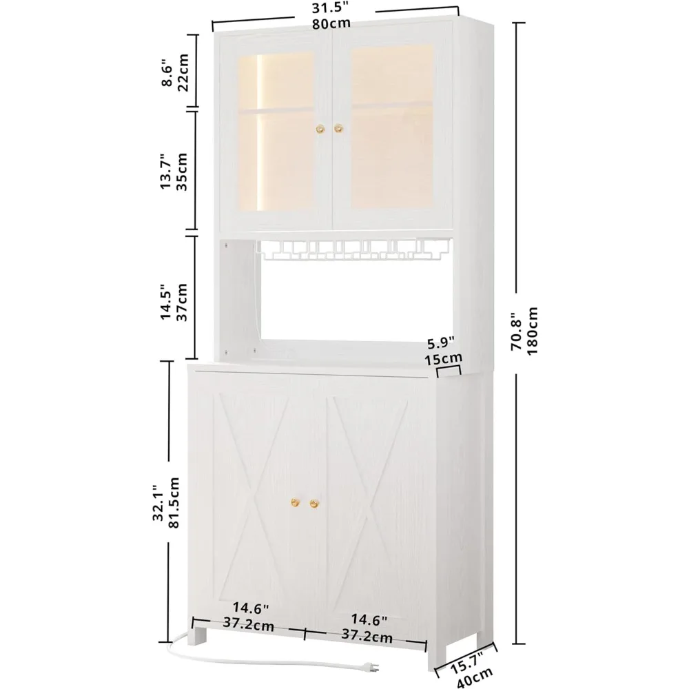 Armarios de barra de 71 "con luz LED, tira de alimentación y soporte de vidrio, armario de licor alto independiente para cocina, comedor, blanco