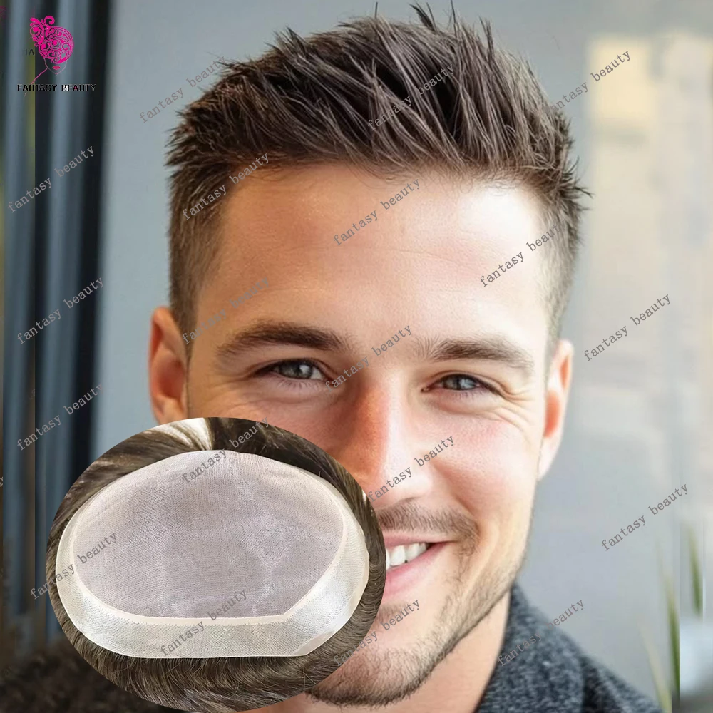 

Men's European Light Brown Black Human Hair Prosthesi Breathable Fine Mono Lace PU Toupee Hairpiece Male Wig Replacement System