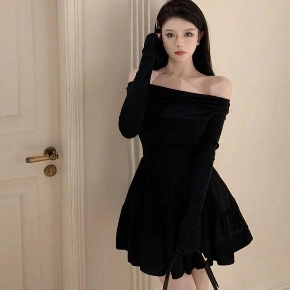 

French Sweet Long Sleeved Slim Short Skirt Korean Fashion Slim Fit One Collar Dress Leisure Y2K A-line Short Skirt Autumn Spring