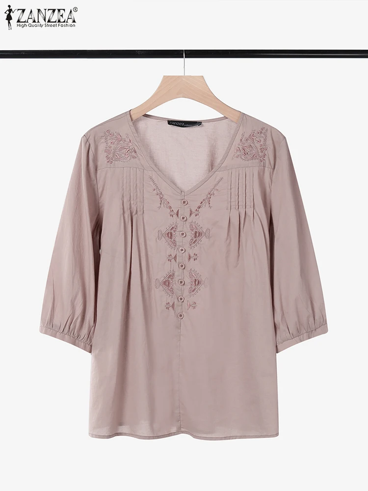

ZANZEA Women Pintuck Blusas Mujer Summer Half Puff Sleeve Floral Embroidery Day Wear Tunic Tops Casual Vintage V-Neck Blouses