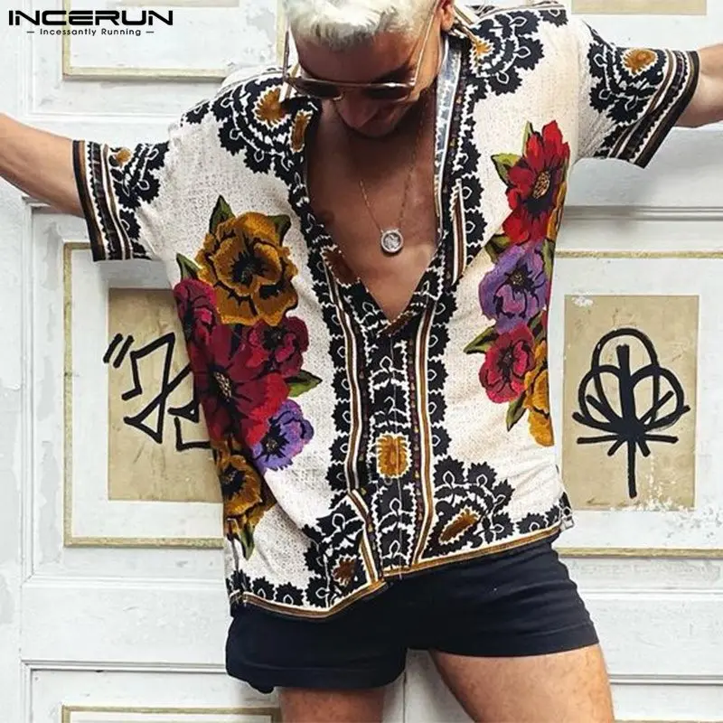 INCERUN-Camisa casual com impressão masculina, manga curta, botão de lapela, roupas de verão, férias, streetwear vintage, £ 7, 2023