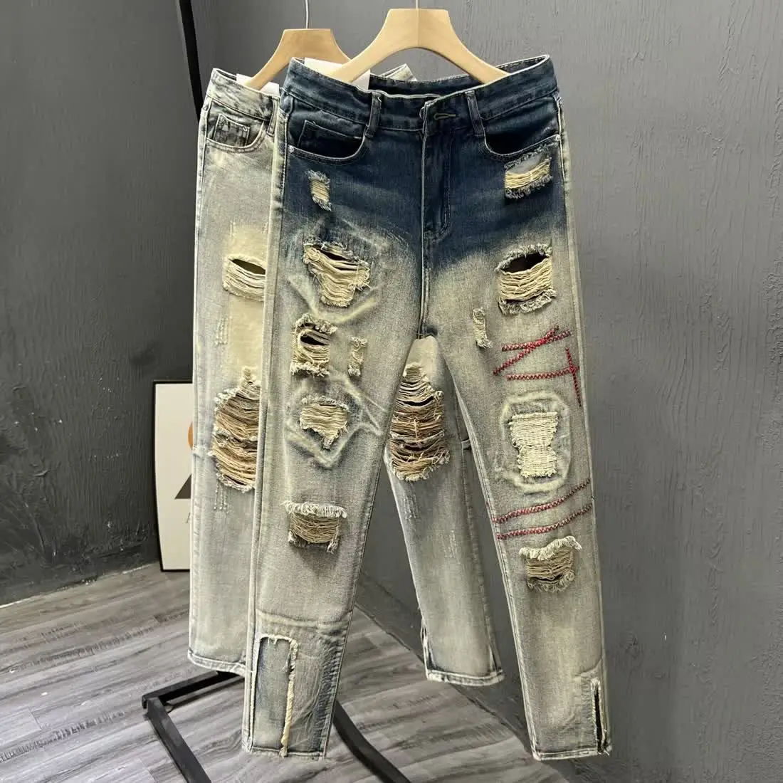 2025 New High-street Designer Retro Washed Destroyed Embroidered Slim Jeans for Men Casual Spring Autumn Korean Luxury Clothing