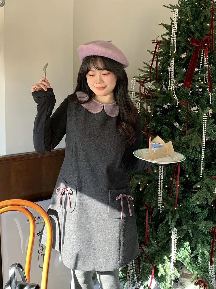 

French Sle ort Woolen Vest Dr for plus Size Women Witch Doll Collar Micro Fat Knot A-Line Skirt Autumn Winter