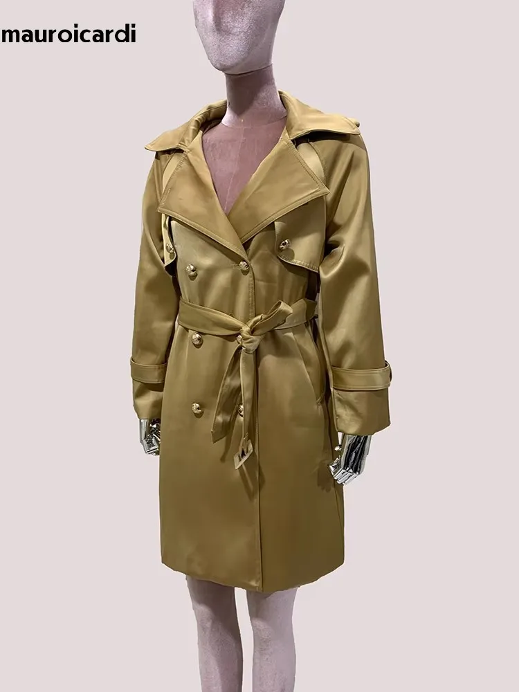 

Lautaro Весна Осень Блестящий Хаки Тренч Для Женщин с Поясом С Длинным Рукавом Двубортный Элегантный Шикарный Роскошный Дизайнерский Верхняя Одежда Женское пальто женское весна 2025 плащ женский