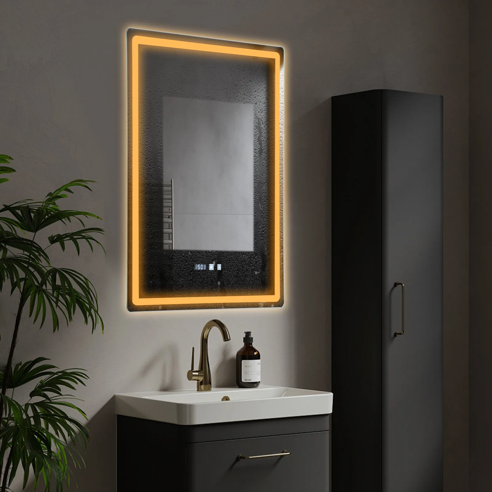 

Modern Wall Mount Bathroom Mirror w/ LED Lights, Adjustable Color & Brightness, Anti-Fog Technology, Time & Temperature Display