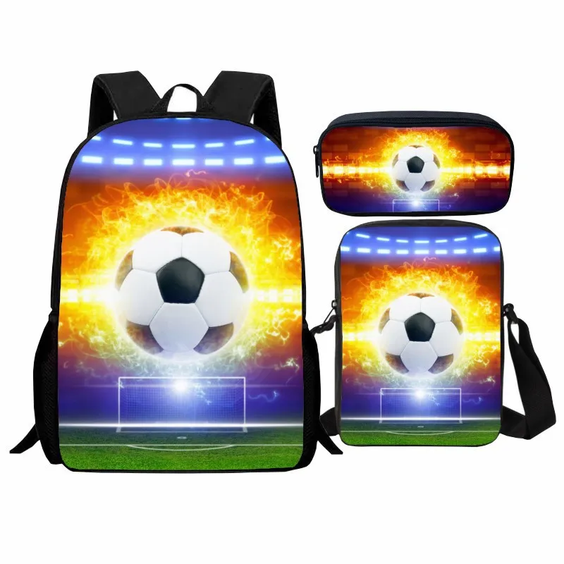 New printed flame soccer student backpack 3pcs Set cartoon casual fashion backpack crossbody bag pencil case