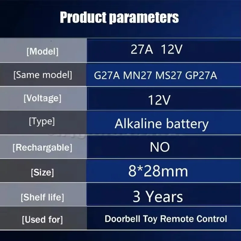 27A 12V Alkaline Battery A27/V27A/LR27A/WE27A for Car Alarm Remotes Ceiling Fan and Home Security Systems Control Toy Car Alarm