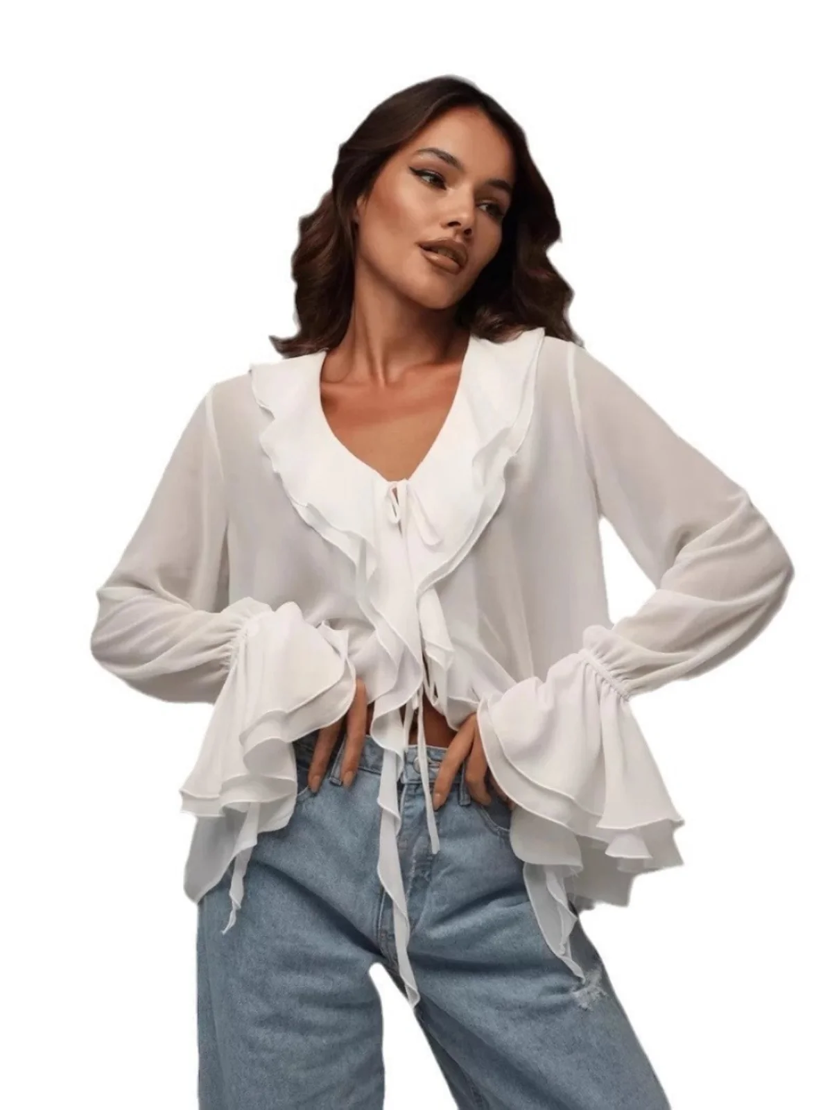 Sexy V-Ausschnitt zum Binden, vielseitig, irt, modisch, locker, lang, Sve-Polyester-Bluse, floraler Spitzensaum, Button-Down