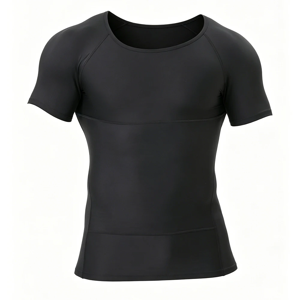 Herren Kurzarm-Kompressionsshirt zur Kaschierung von Gynäkomastie, Bauchkontrolle, Rückenunterstützung, Körperformer, Schlankheits-Unterhemd