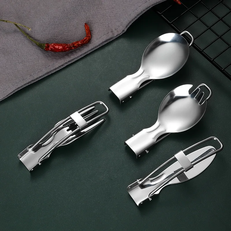 304 Stainless Steel Solding spoon Creative Tableware Outdoor Portable Three-Fold Spoon Fork Travel Folding Spoon camping gear