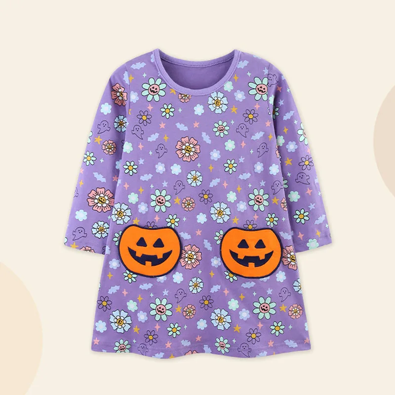 

Baby Girls Cotton Dress Halloween Pumpkin Pockets Floral Long Sleeve Dress Toddler Homewear Pajamas Children Clothes 2-7Y