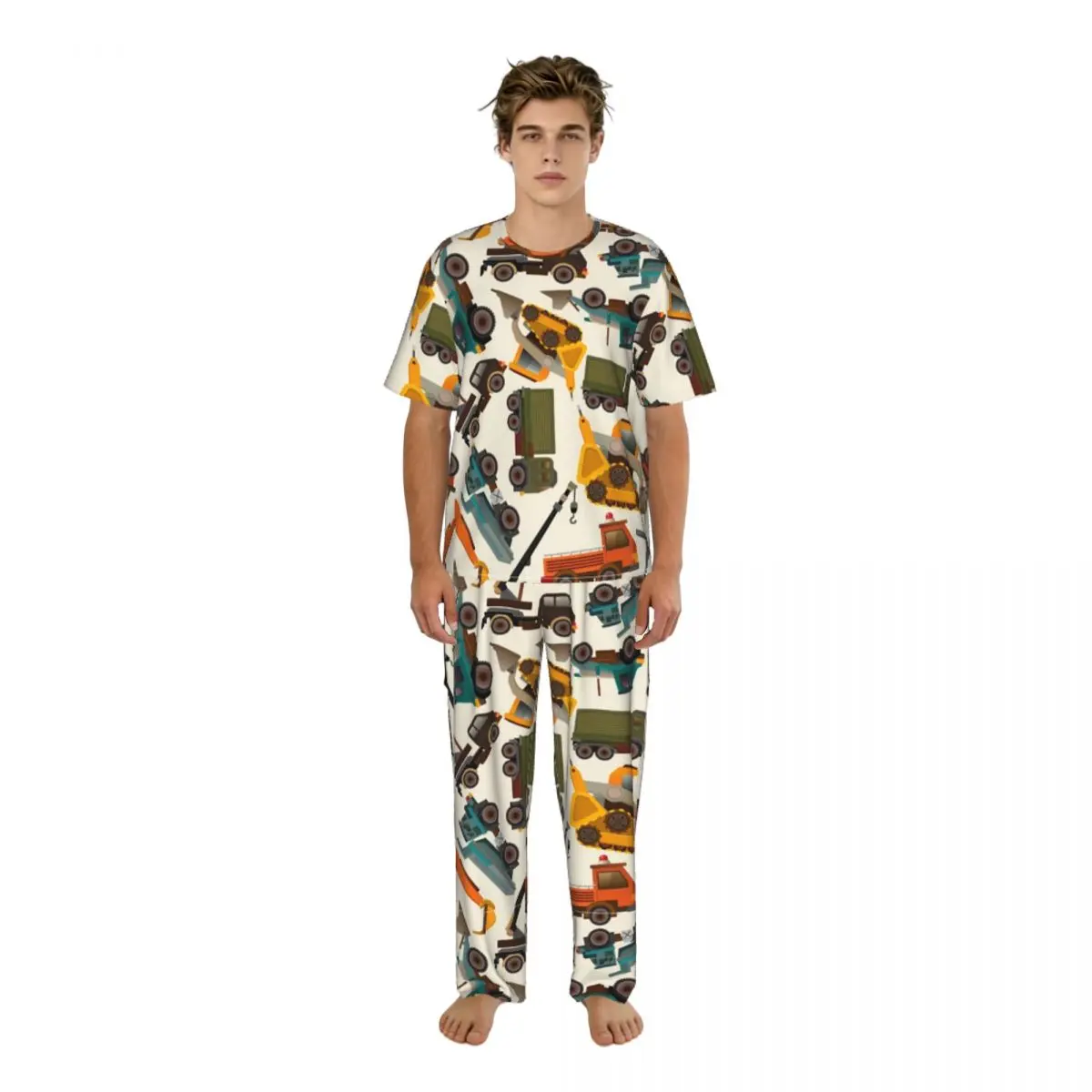 Men's Pajamas Set Summer Short-Sleeve Tops + Long Pants Nightwear Home Wear Suits Equipment Trucks Sleepwear