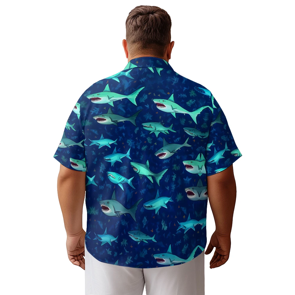 Vacation style Ocean Shark full print design short sleeve shirt men's summer casual loose large size lapel thin T-shirt top