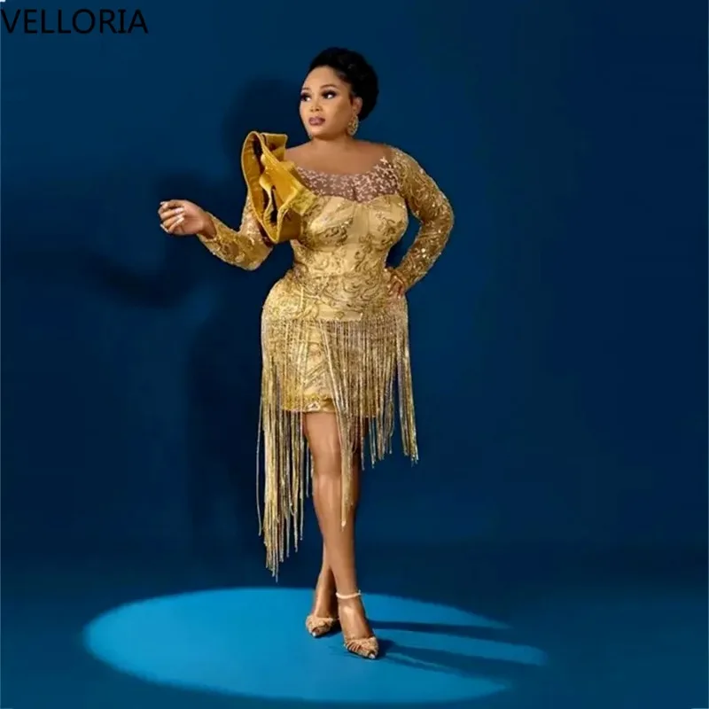 Gold Shining Long Sleeve Beaded Evening Dress Luxury Tassel Ruffle Shoulder Prom Gown High Low Cocktail Party Gown Customized