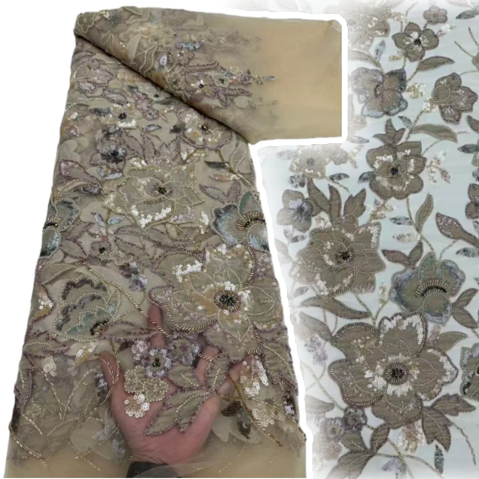 

Африканская кружевная ткань ручной работы с блестками и бисером, нигерийская высококачественная бархатная кружевная ткань с жемчугом для свадебных платьев TP1780