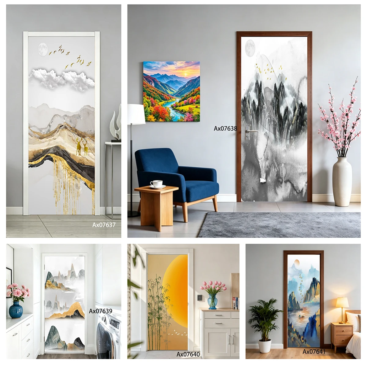Door Decal Waterproof Removable Colorful Chinese Ink Mountain River Boat Landscape Sticker Home Entry Door Decor Self Adhesive