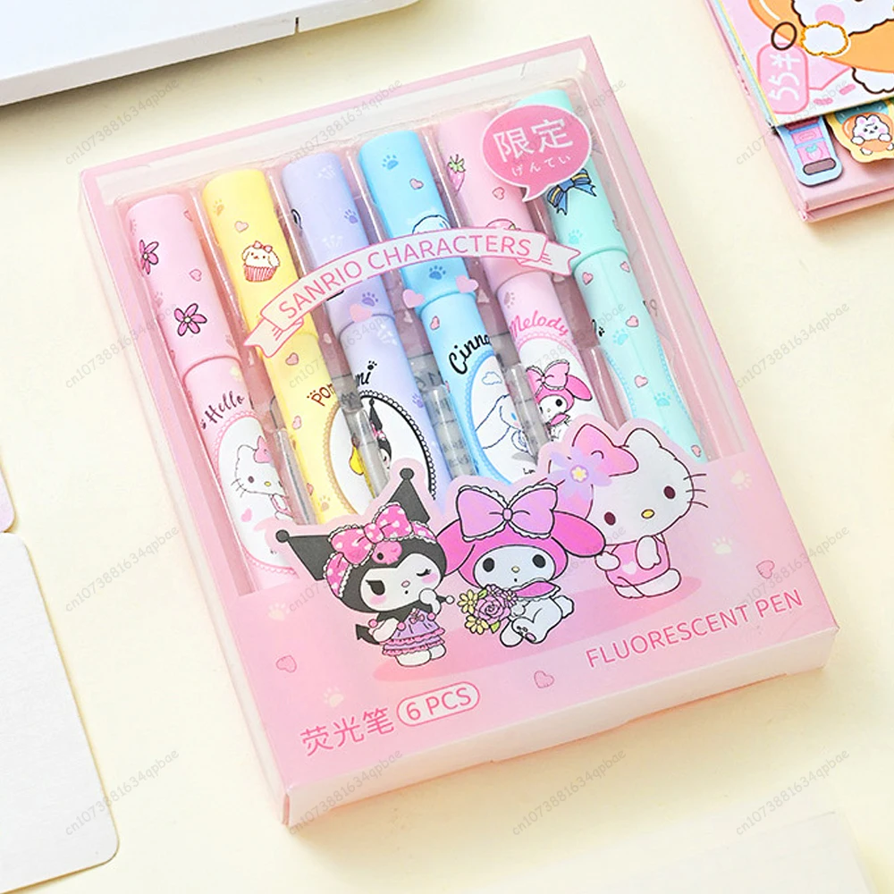 MINISO Sanrio 6Pcs Colored Highlighter Pen Set for Children Hello Kitty Colored Pens Kawaii Cartoon Stationery Kids Coloring Pen