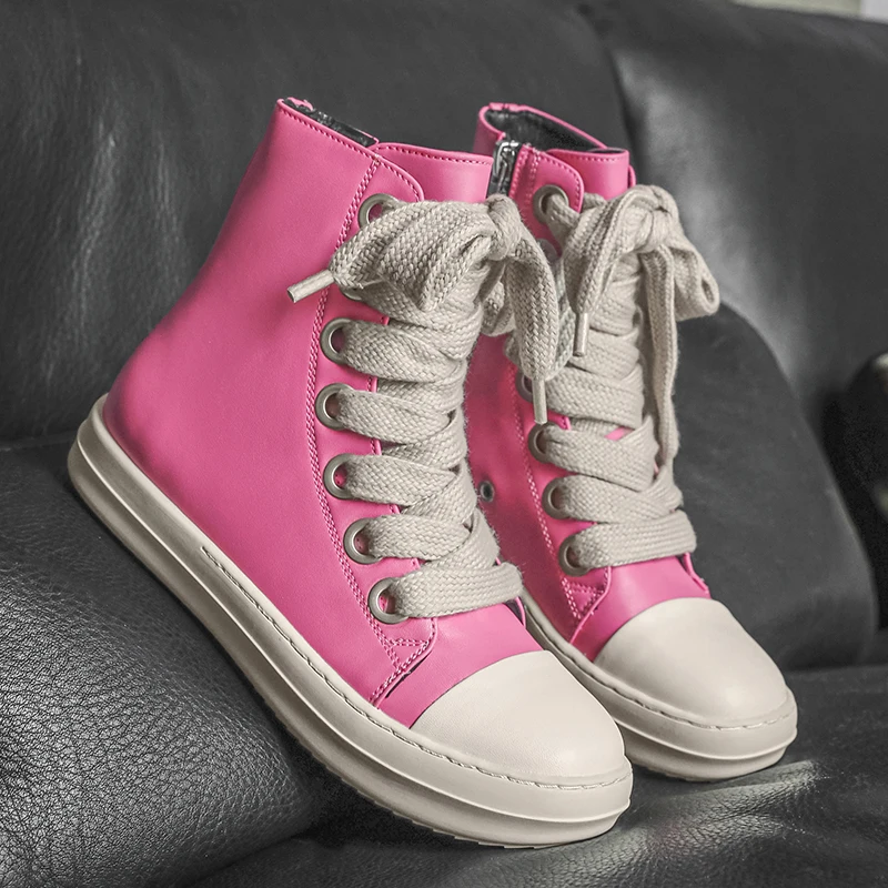 

Trend Pink High Top Shoes Man Skateboard Sneakers PU Leather Lace-up Men's Designer Shoes Street Platform Casual Shoes For Woman