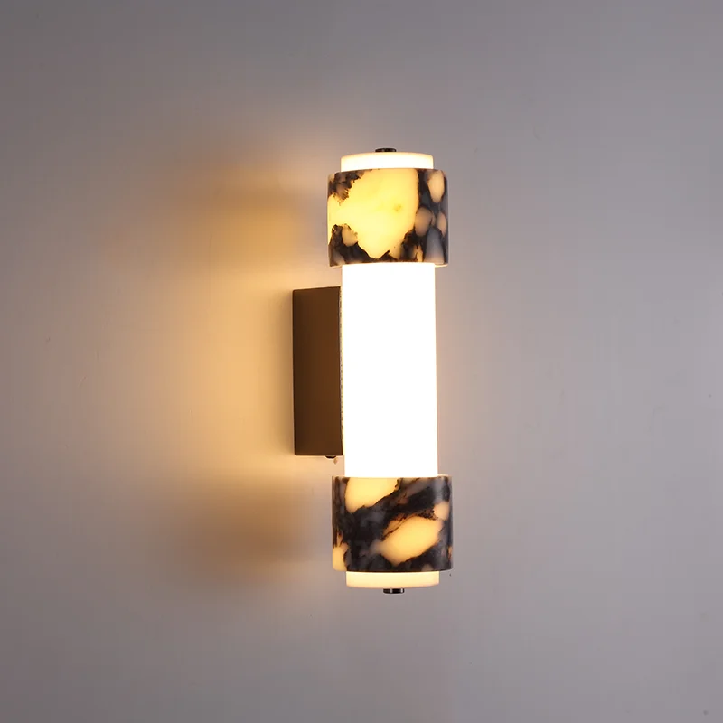 Modern Natural Marble Wall Lamp 12W LED Cylindrical Wall Sconce Black Marble Acrylic Shade for Bedroom Living Room Lighting