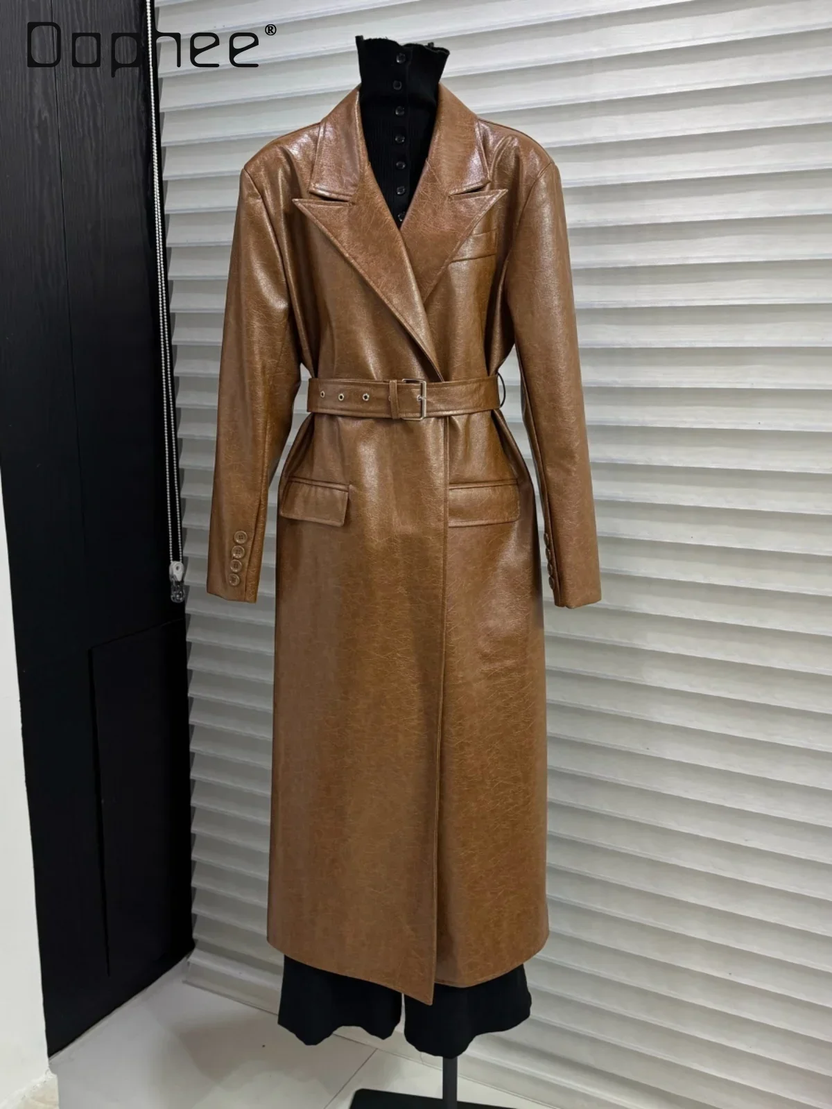 Autumn PU Leather Long Trench Coat Women with Belt Turn Down Collar Long Sleeve Windbreaker Fashion Chic Brown Overcoat