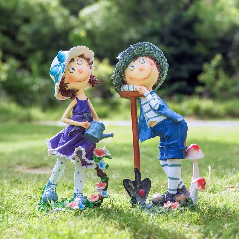 Creative Cartoon Boy Girl Character Resin Sculpture Decoration Garden Courtyard Park Figurines Crafts Outdoor Villa Adornments