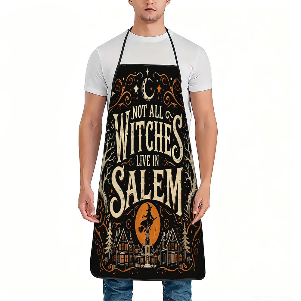 1pc Vintage Halloween Witch Town Apron, featuring a pattern of moons, dead trees and the slogan 