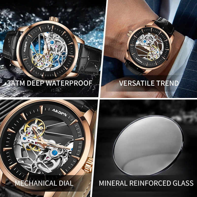 Hollow out Tourbillon Automatic Mechanical Watch for Men Mechanical Watches Fashion Leather Waterproof Skeleton Automatic Watch